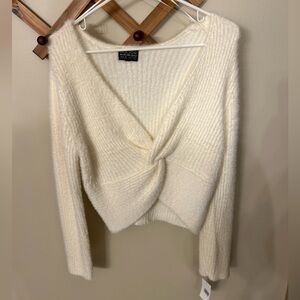 Cream V-Neck Twist-Front Sweater